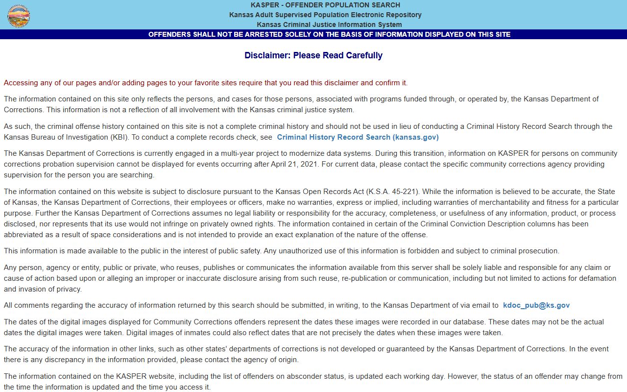 Kansas KASPER offender search screenshot for Smith County sentenced inmate lookup