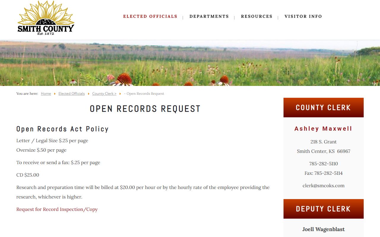 Smith County KORA fee page for jail mugshot and booking photo requests